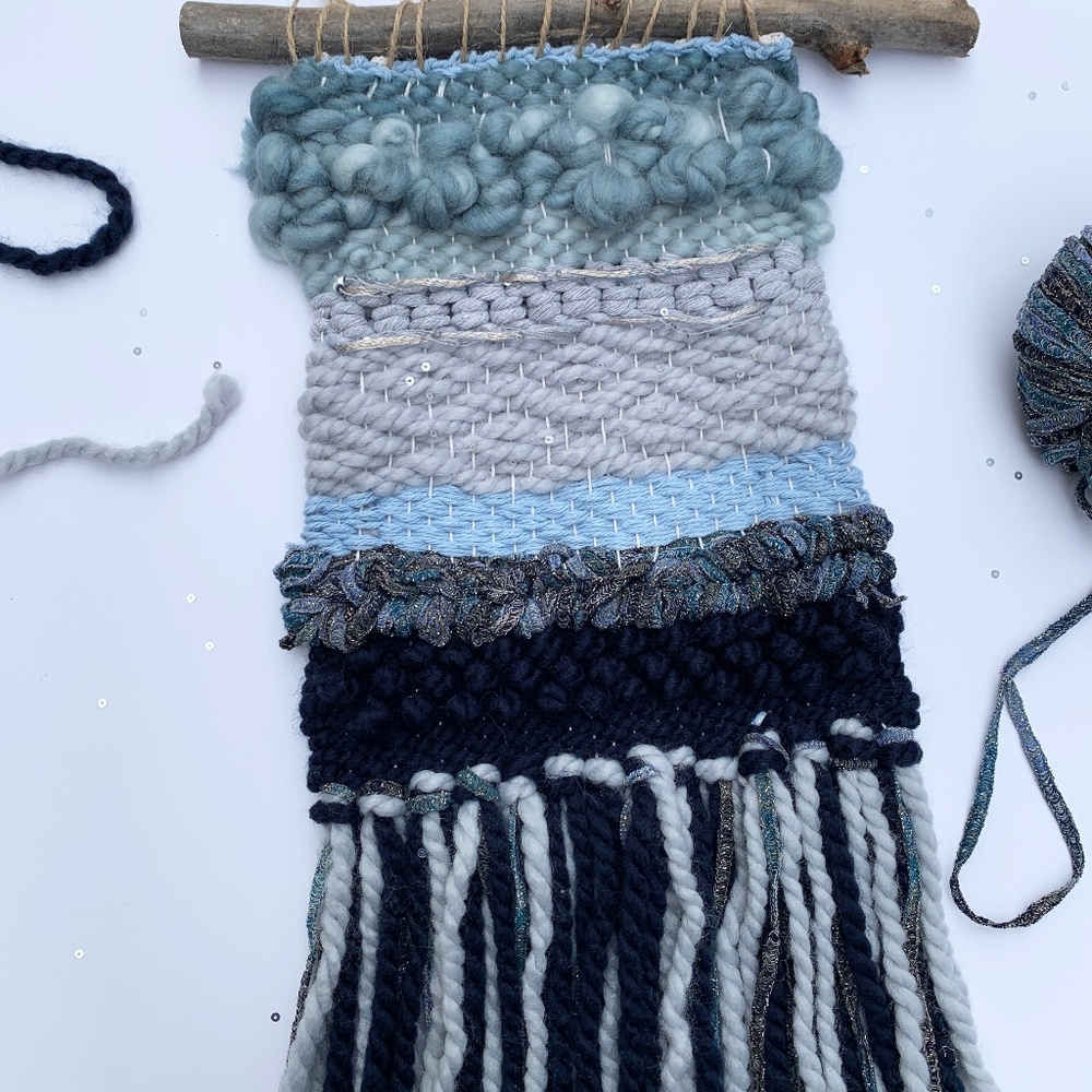 Handmade Woven Wall Hanging Blue and Navy Silver Weaving Tapestry Boho Wall Art